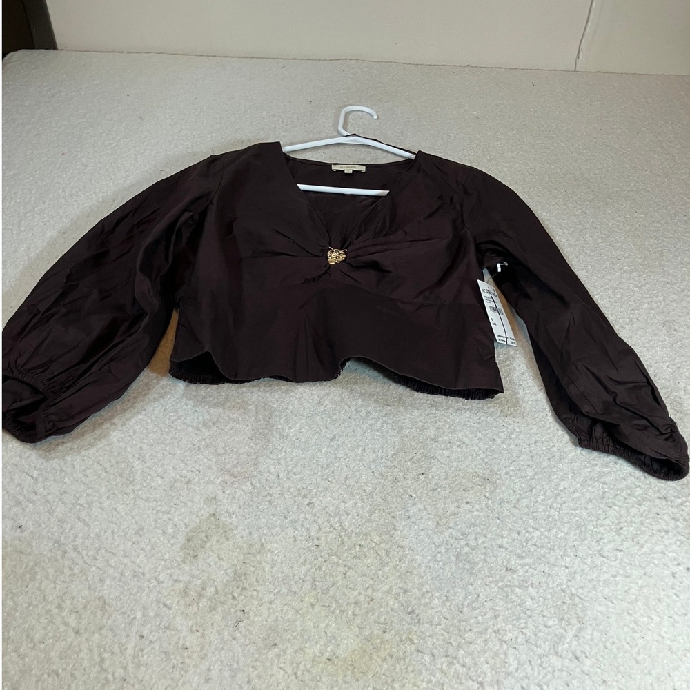 Parker Womens Size 6 Brown V-Neck Puff Sleeve Crop Top Blouse Gold Flower Brooch